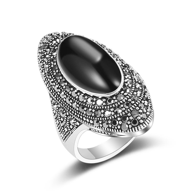 Mytys Retro Vintage Cocktail Statement Ring Black Marcasite & Crystal Rings for Women Antique Silver Big Black Onyx Stone Ring (Silver 3, 6) - Image 1